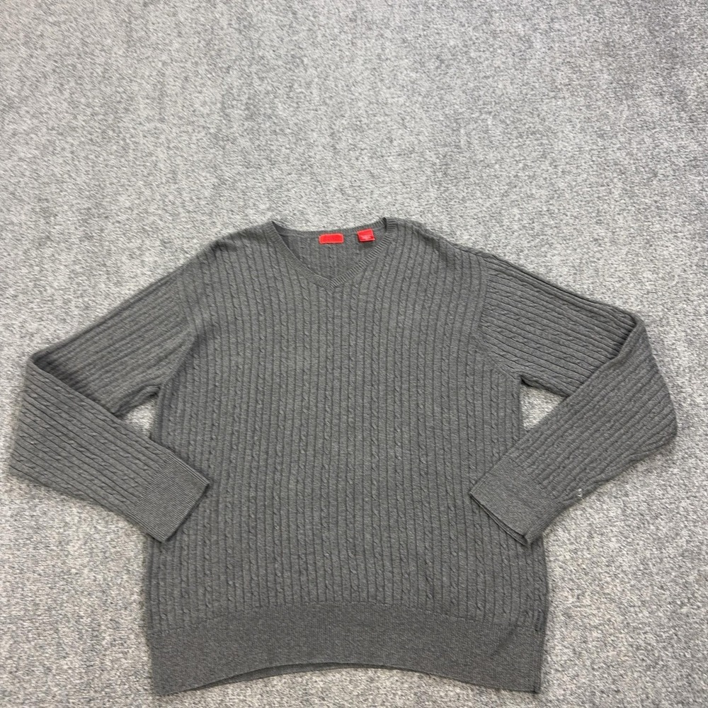 IZOD Sweater Mens XL Gray V Neck Cotton Cable Knit Pullover Casual Long Sleeve
